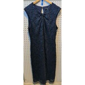 Tiana B Dress Size 16 Blue Evening Formal Sequin Sleeveless Lace Floral